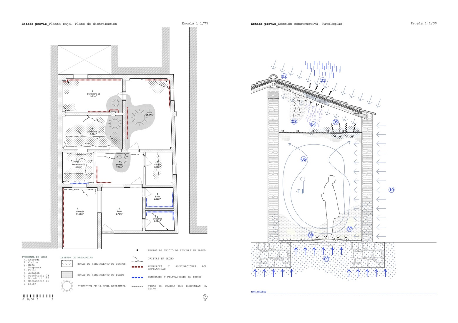 Plano y sección de patologías, estado previo. Casa Sotarrá por FORarquitectura.