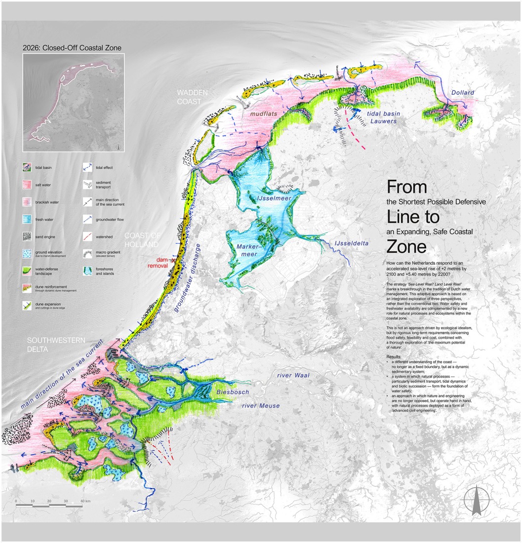 Netherlands sea level rise plan. UIA 2026: "Sea level rise? Land level rise!" by H+N+S + RO&AD + Kossmandejong.