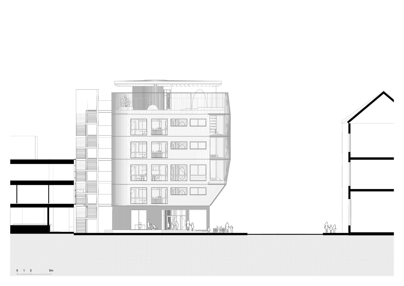 East elevation. "Kinderoase an der TUM" by Kéré Architecture.