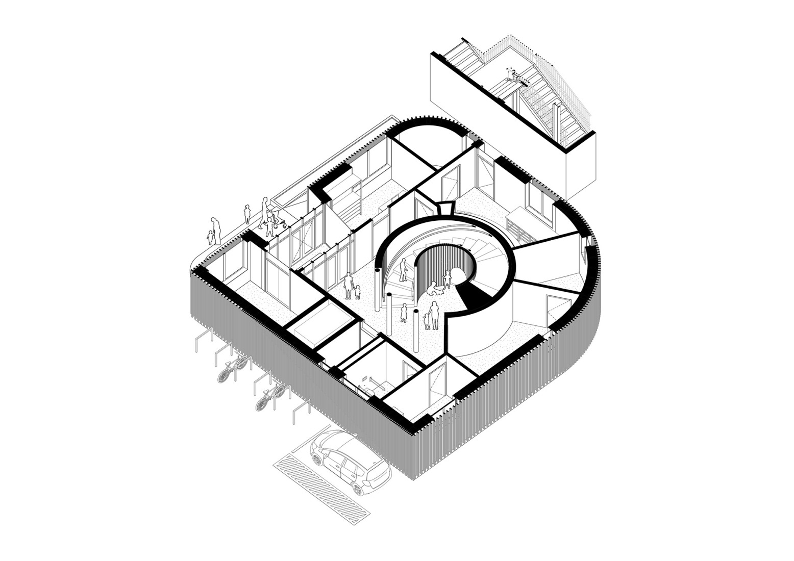 Ground floor axonometry. "Kinderoase an der TUM" by Kéré Architecture.