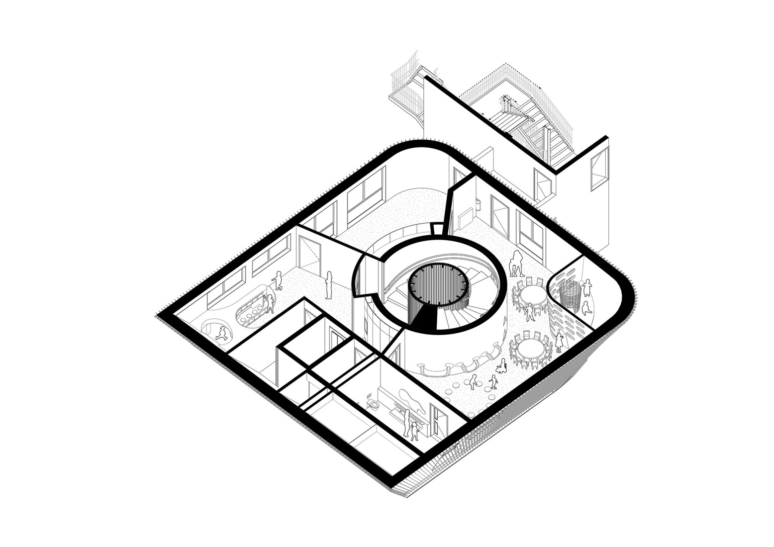 First floor axonometry. "Kinderoase an der TUM" by Kéré Architecture.
