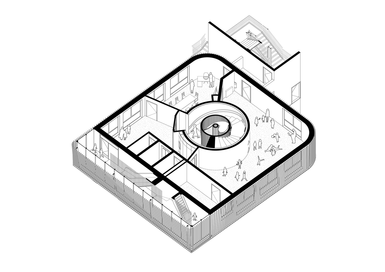 Second floor axonometry. "Kinderoase an der TUM" by Kéré Architecture.