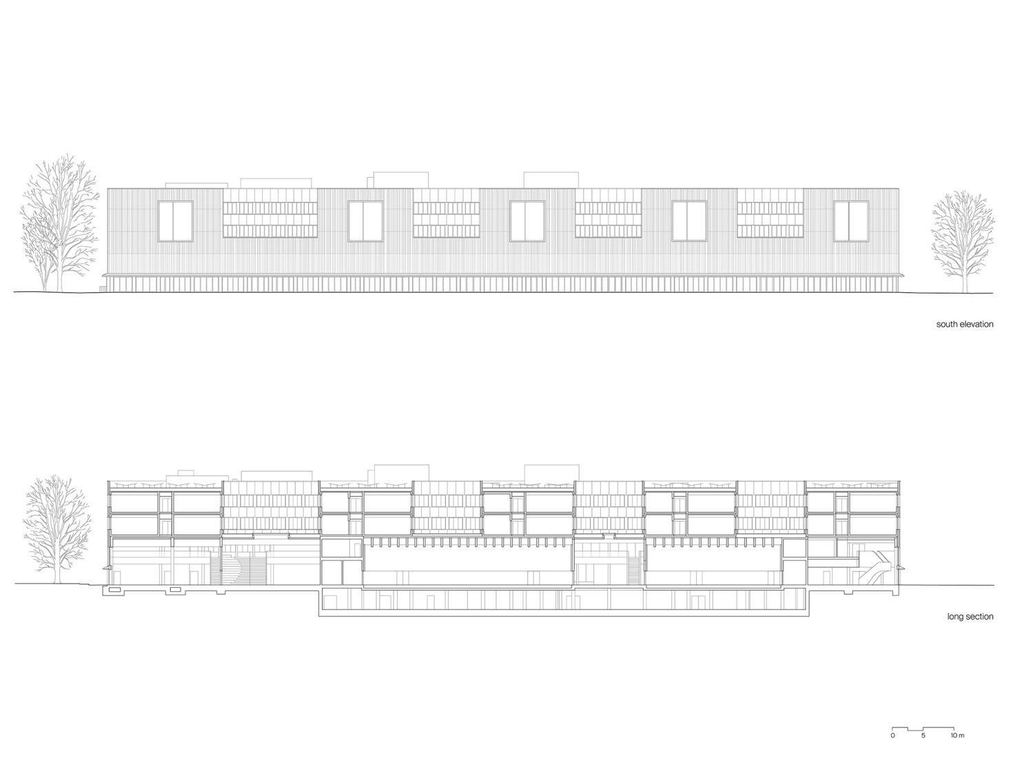 Academic building longitudinal section and south elevation. Federal University of Public Administration by Sauerbruch Hutton. 