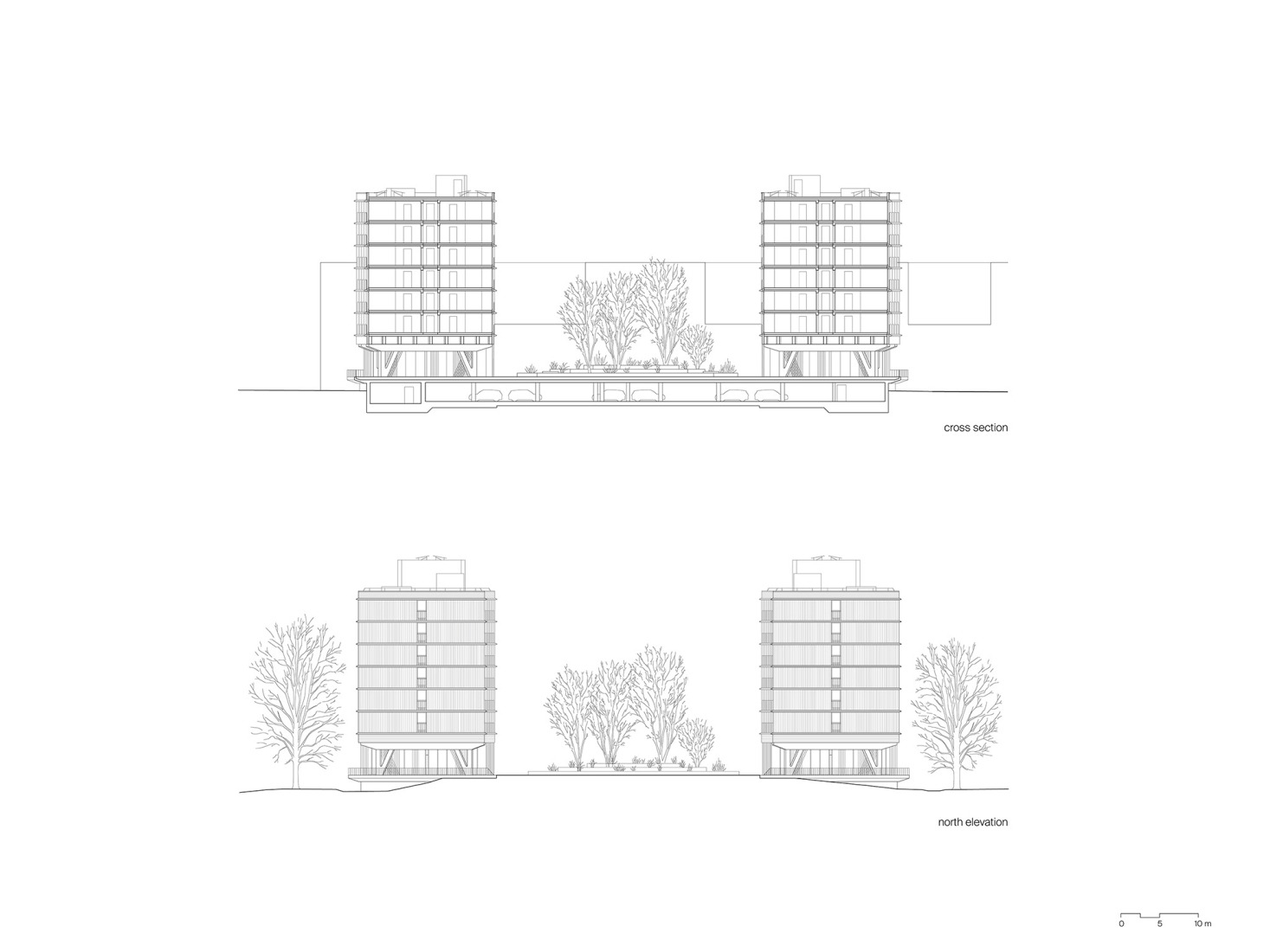 Residential building cross section and north elevation. Federal University of Public Administration by Sauerbruch Hutton.