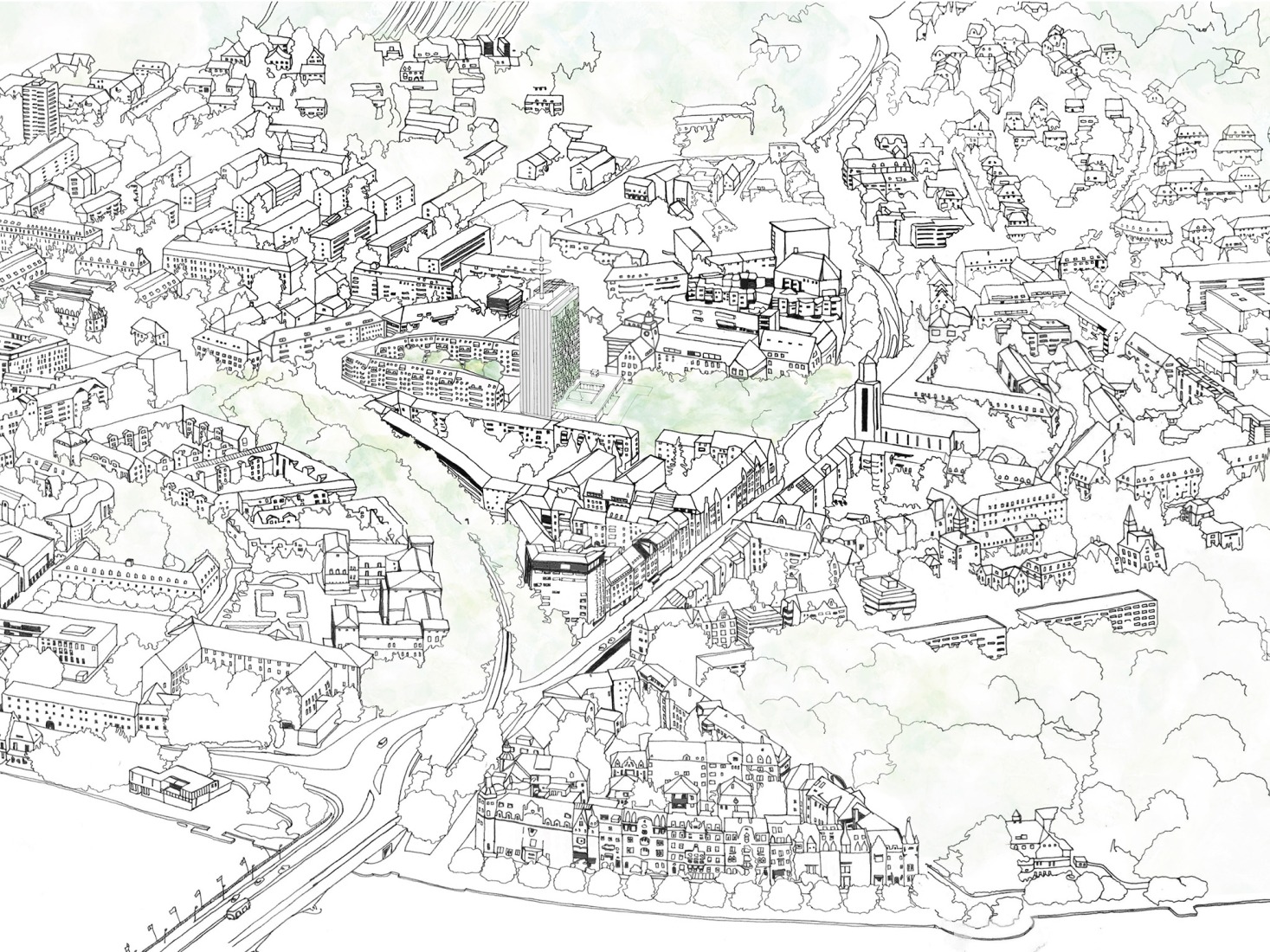 Aerial view drawing. Telekom Tower by Sauerbruch Hutton.