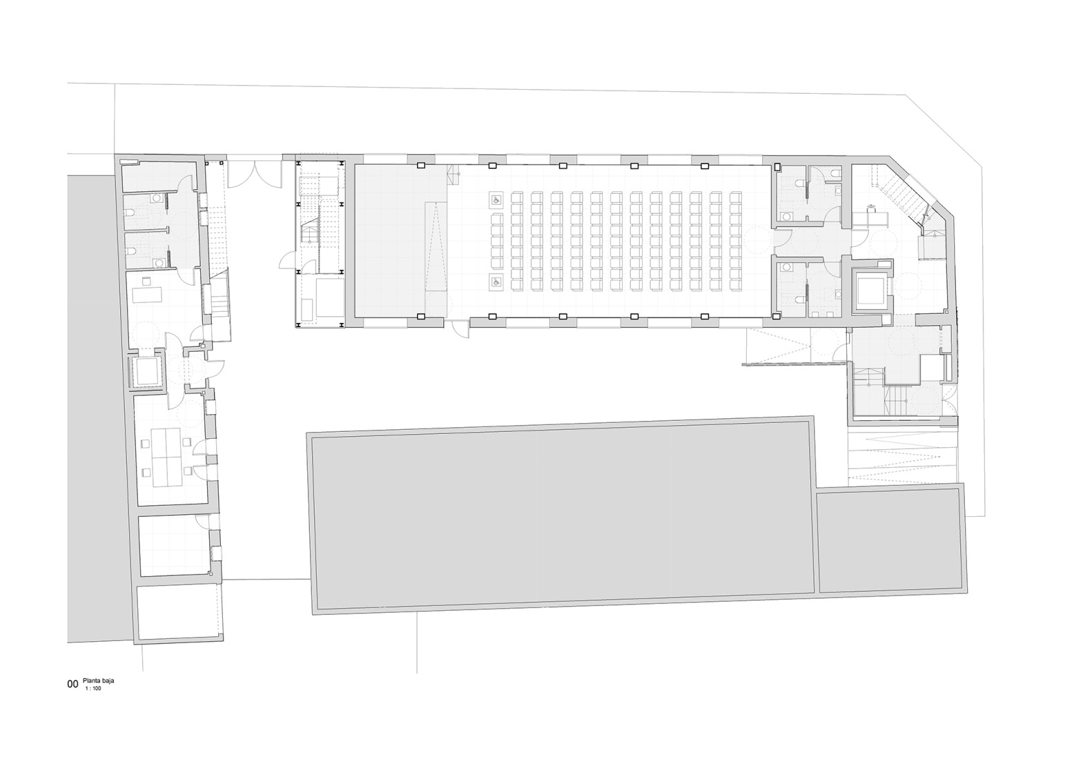Plano de planta baja. Rehabilitación de edificios para espacio social del barrio de Campoamor por Antonio Galiano Garrigós.