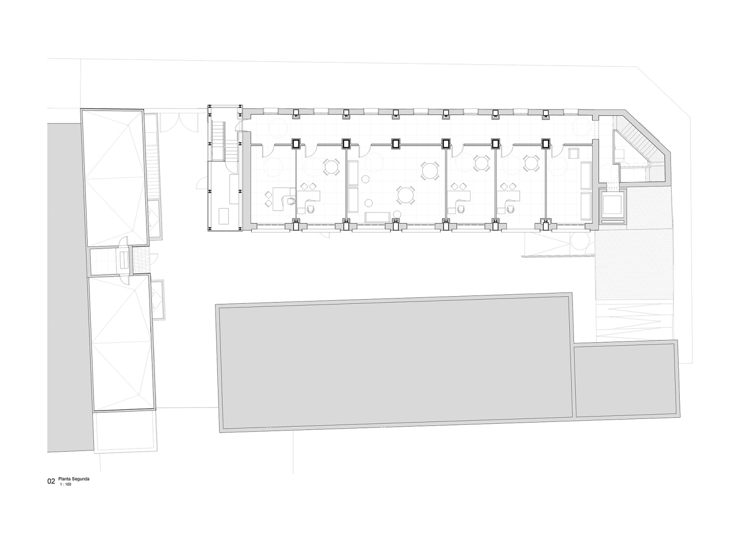 Plano de segunda planta. Rehabilitación de edificios para espacio social del barrio de Campoamor por Antonio Galiano Garrigós.