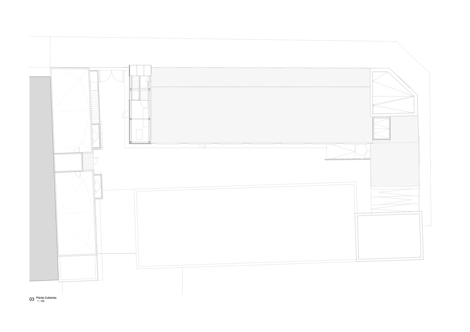 Plano de planta de cubierta. Rehabilitación de edificios para espacio social del barrio de Campoamor por Antonio Galiano Garrigós.