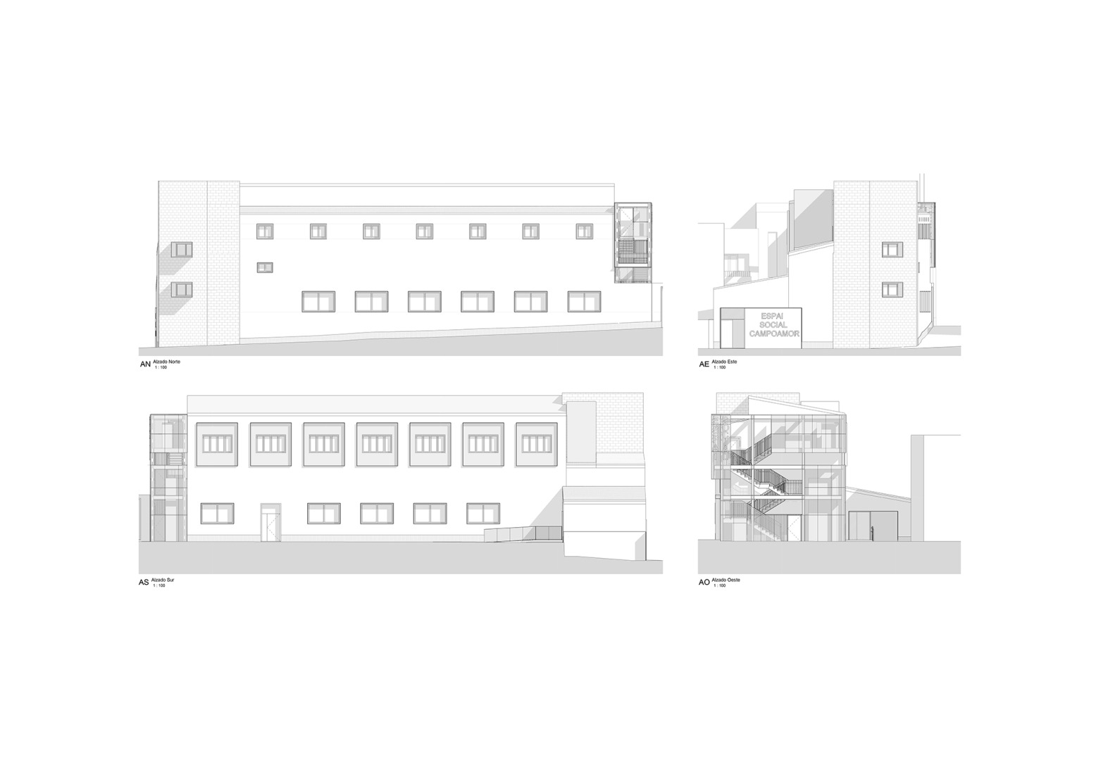 Alzado. Rehabilitación de edificios para espacio social del barrio de Campoamor por Antonio Galiano Garrigós. 