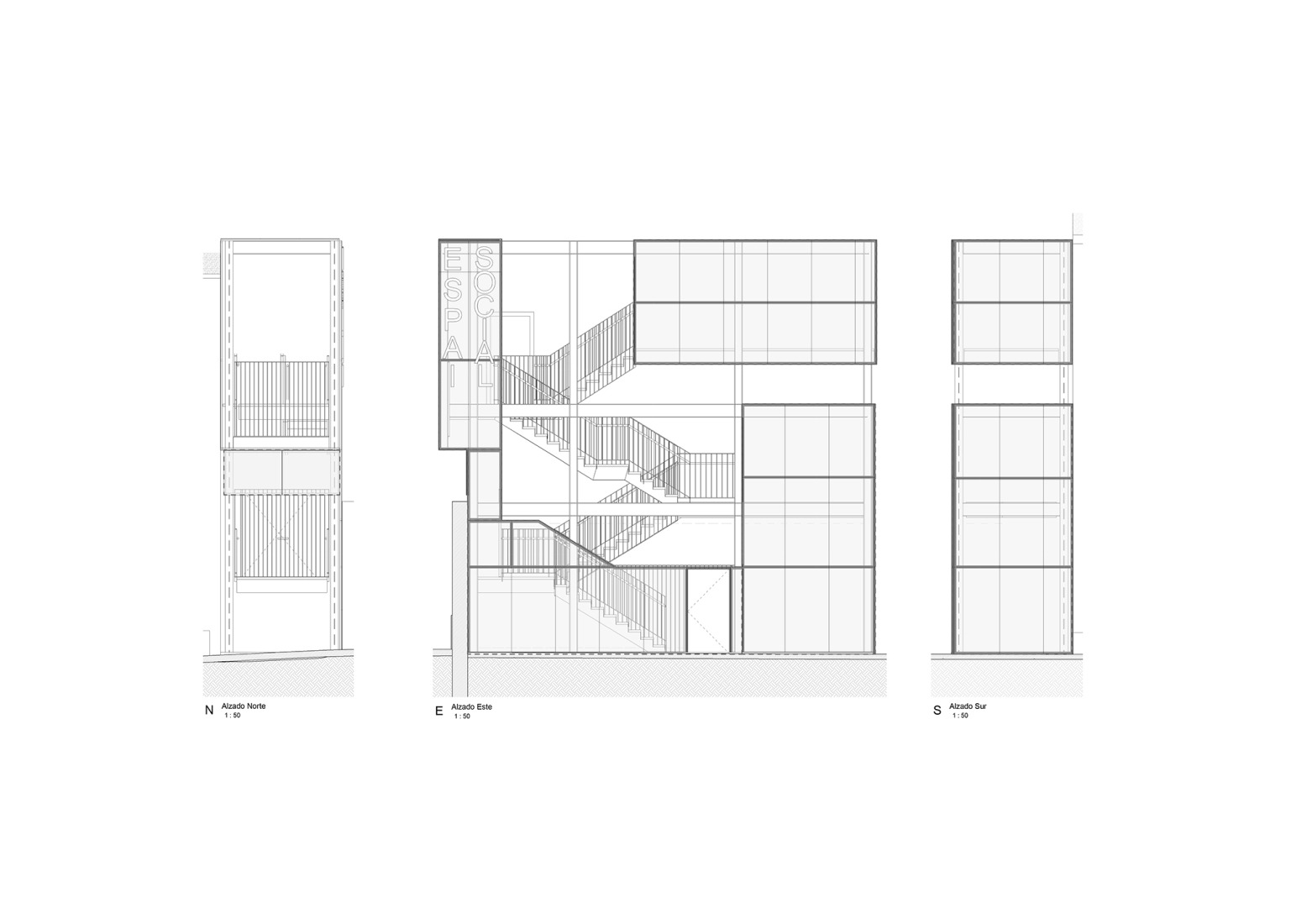 Alzado. Rehabilitación de edificios para espacio social del barrio de Campoamor por Antonio Galiano Garrigós. 