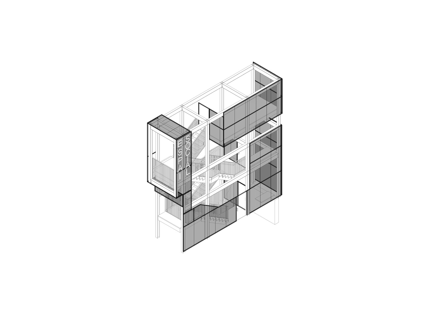 Axonometría. Rehabilitación de edificios para espacio social del barrio de Campoamor por Antonio Galiano Garrigós.