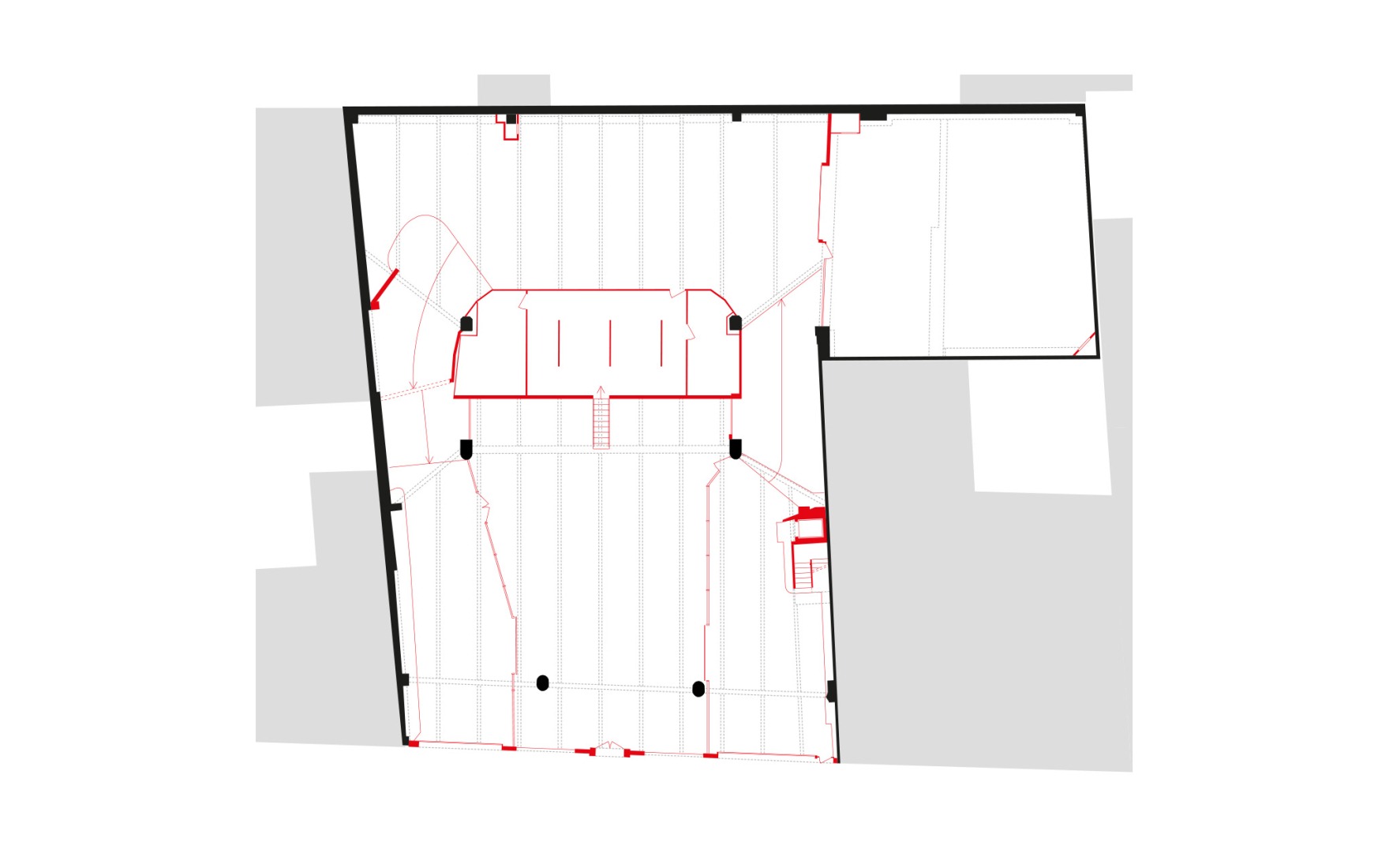 Initial state ground floor plan. Garage Building into 63 Apartment Building by Atelier Tequi Architects.