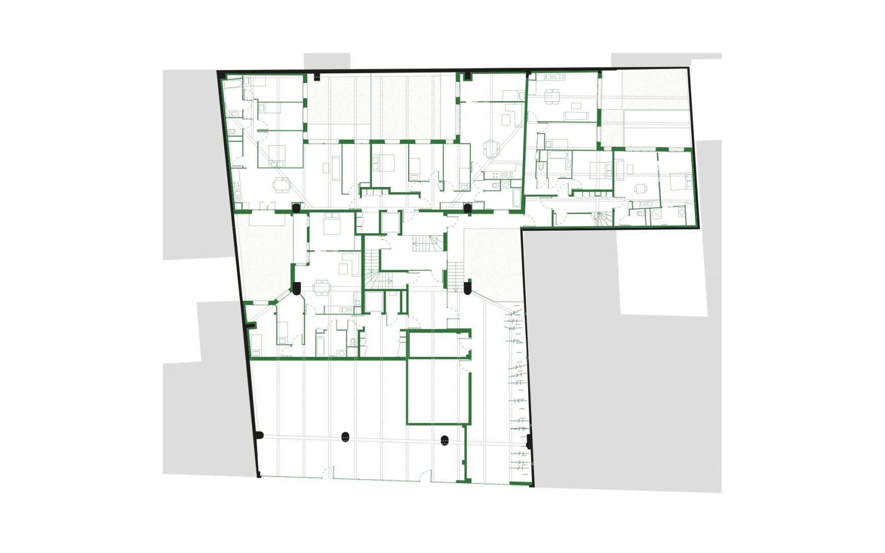 Ground floor plan final state. Garage Building into 63 Apartment Building by Atelier Tequi Architects.