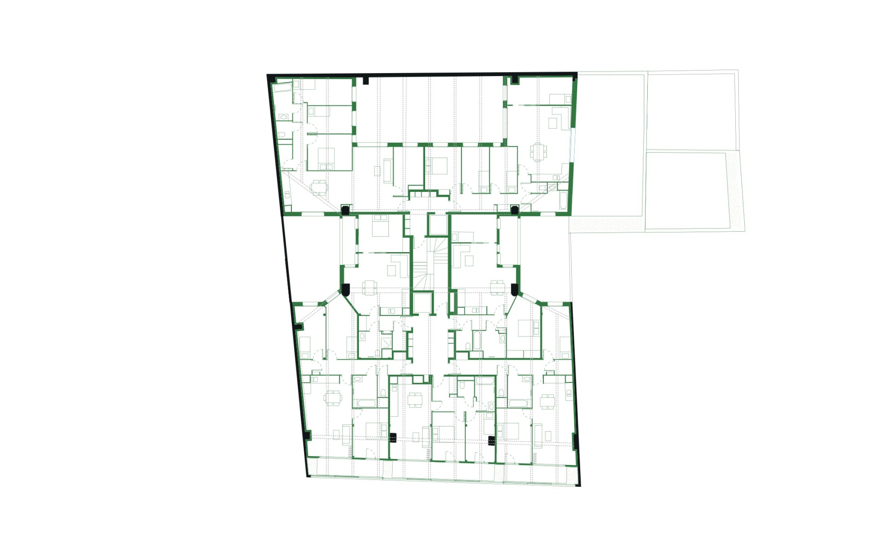 Final state overall floor plan. Garage Building into 63 Apartment Building by Atelier Tequi Architects.