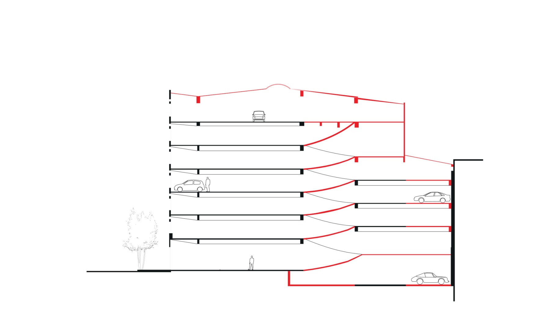 Initial state section. Garage Building into 63 Apartment Building by Atelier Tequi Architects.