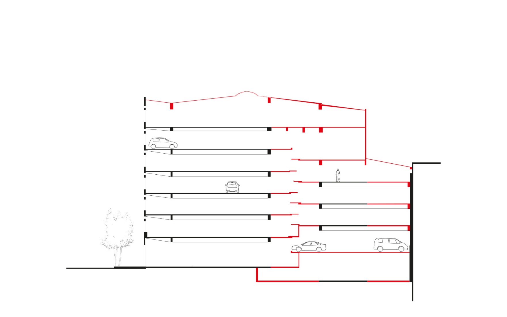 Initial state section. Garage Building into 63 Apartment Building by Atelier Tequi Architects.