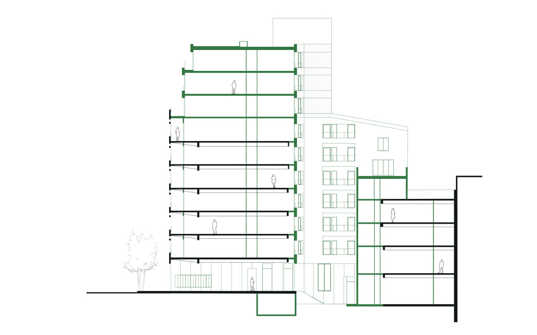 Final state section. Garage Building into 63 Apartment Building by Atelier Tequi Architects.