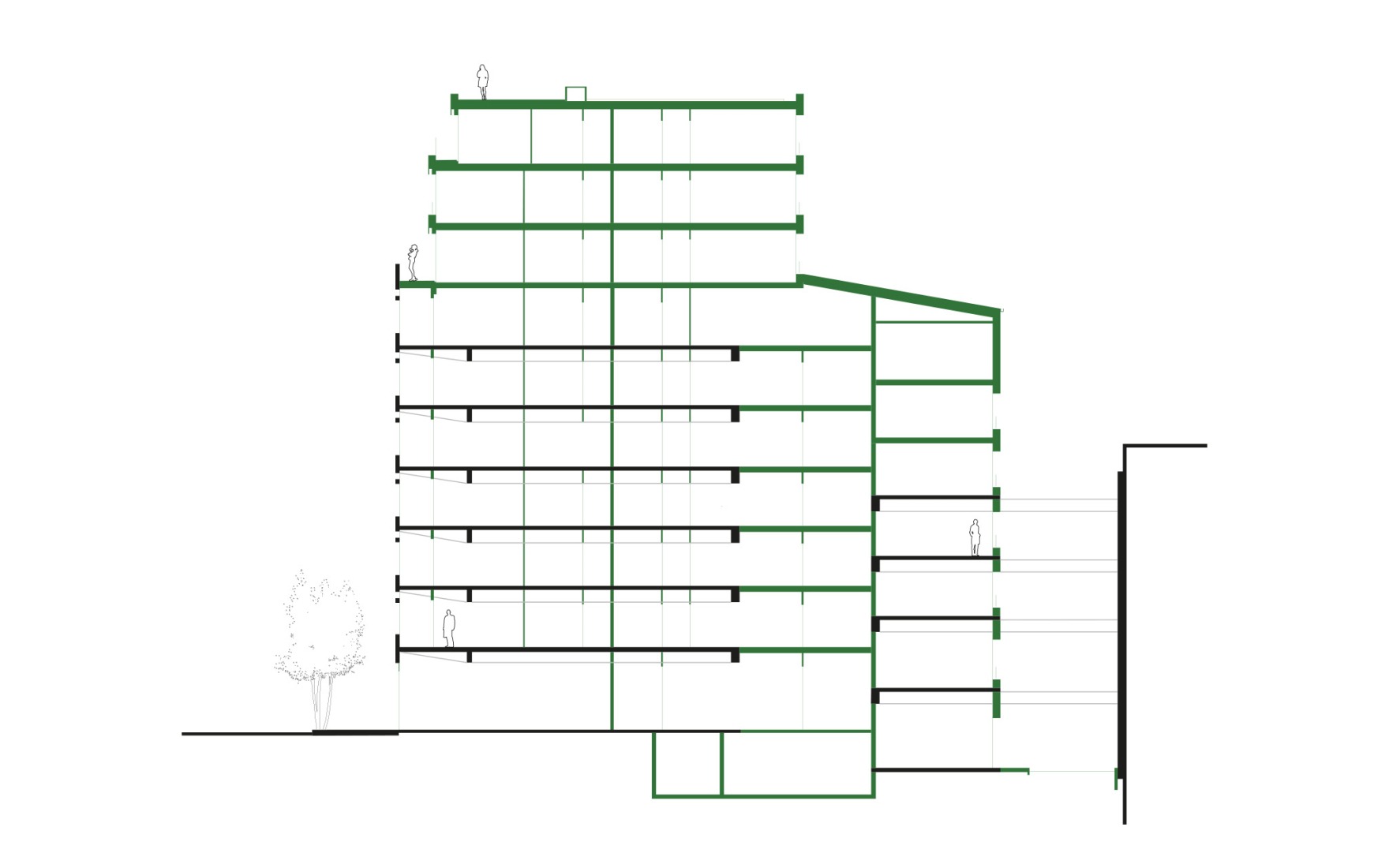 Final state section. Garage Building into 63 Apartment Building by Atelier Tequi Architects.