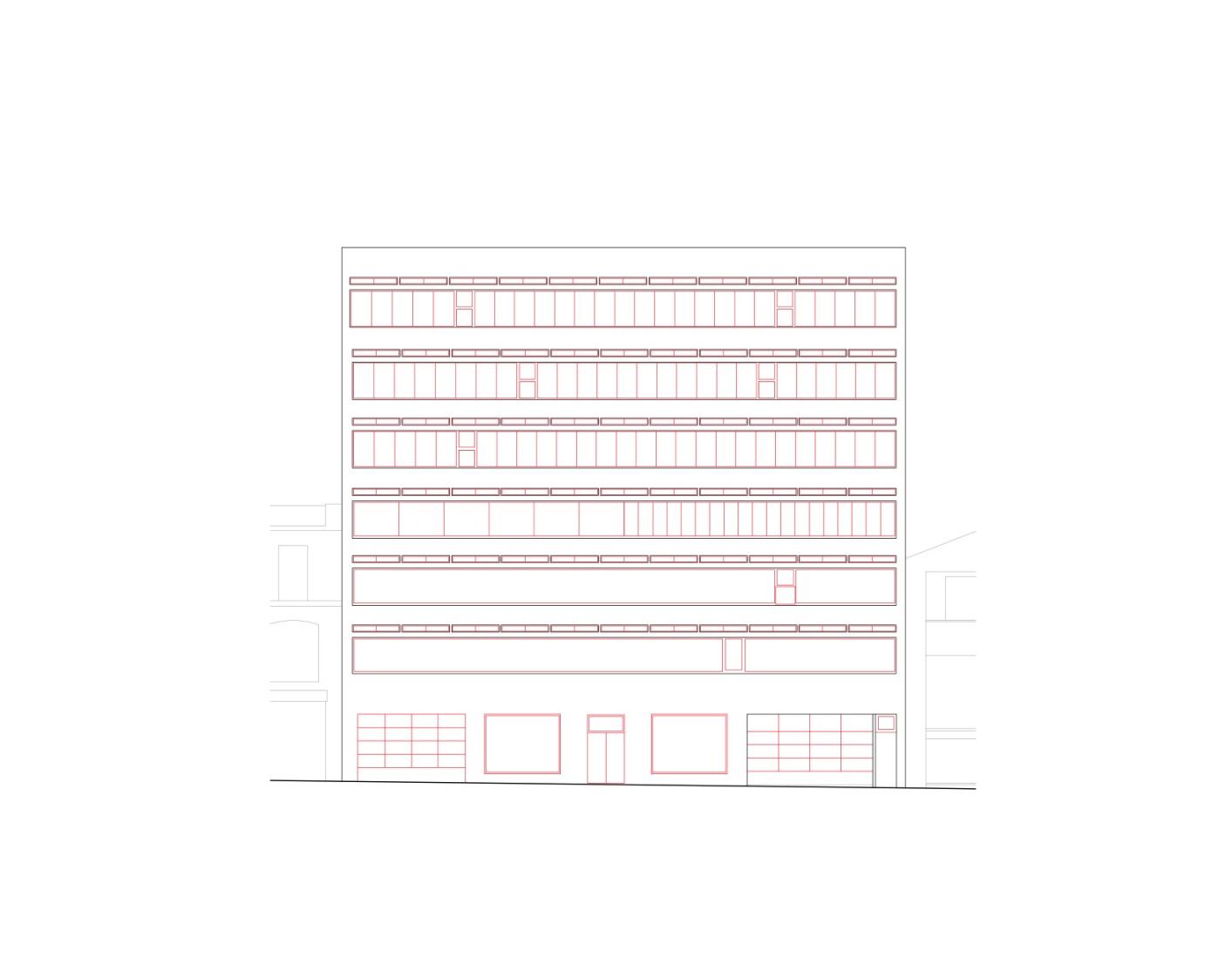 Initial state elevation. Garage Building into 63 Apartment Building by Atelier Tequi Architects.