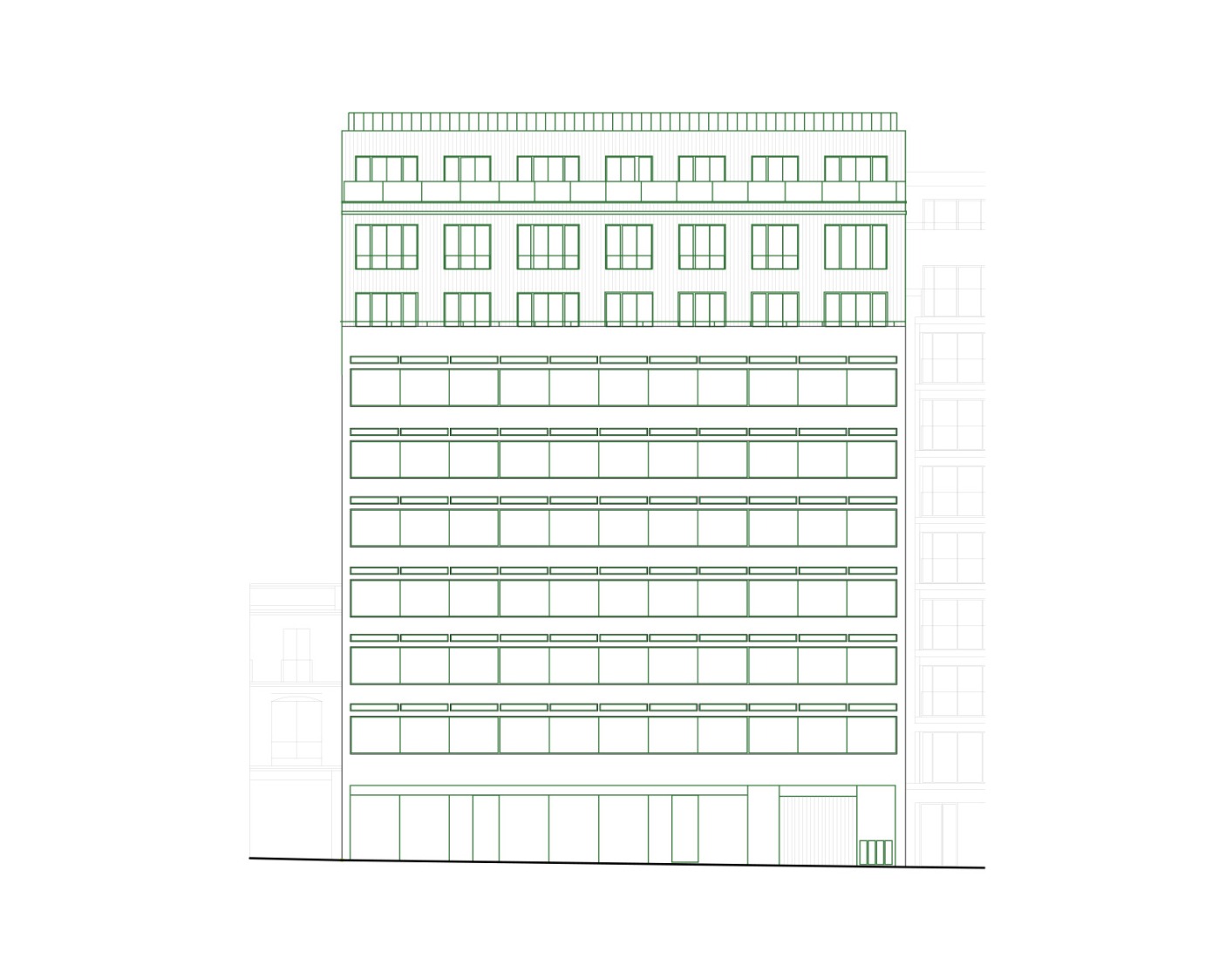Final state elevation. Garage Building into 63 Apartment Building by Atelier Tequi Architects.