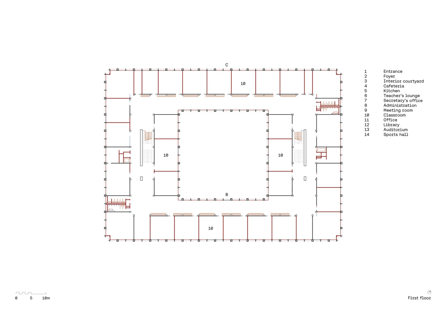 First floor plan. Vertical extension and renovation of Collège Rousseau by Burckhardt Architecture. 