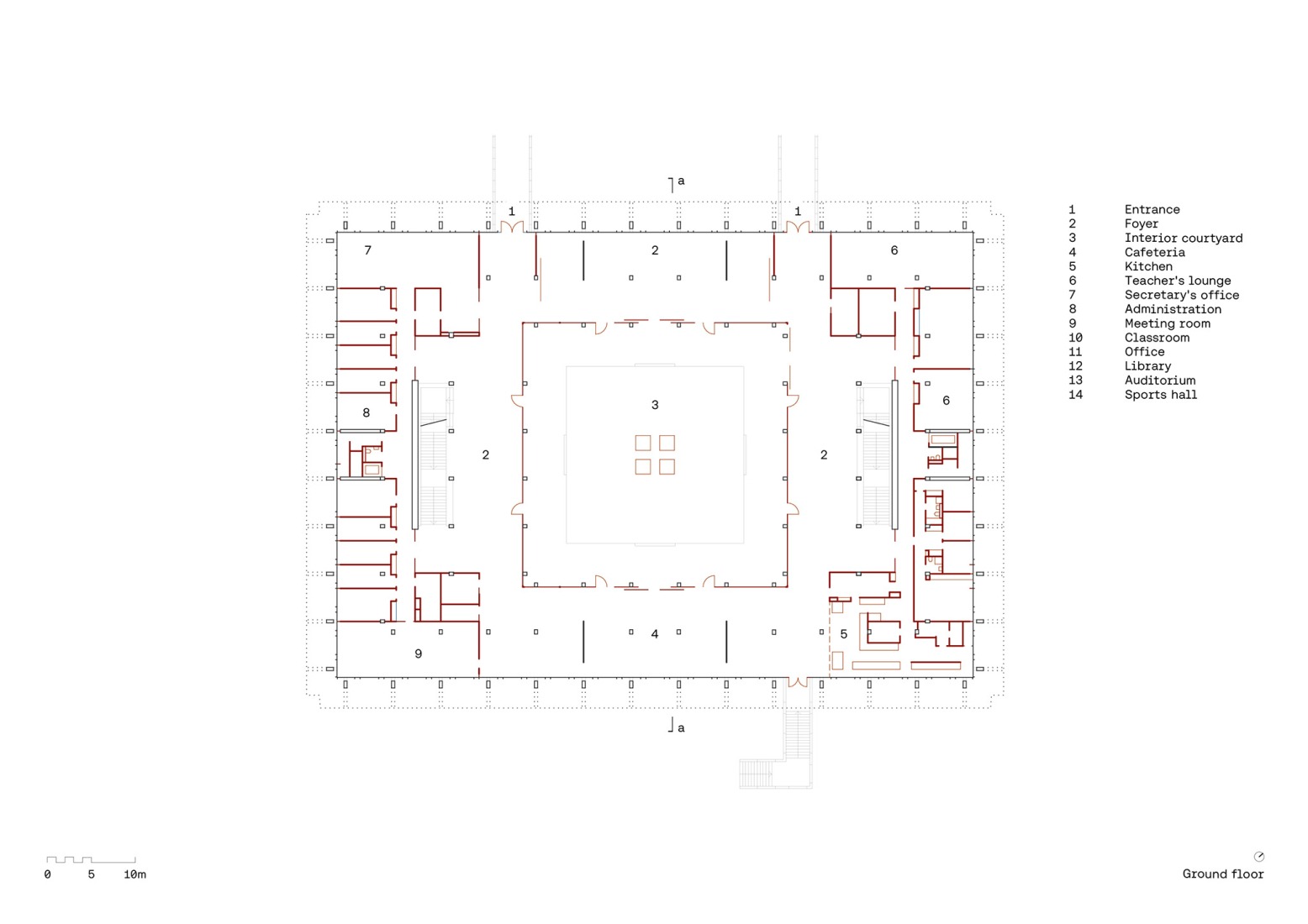 Ground floor plan. Vertical extension and renovation of Collège Rousseau by Burckhardt Architecture.