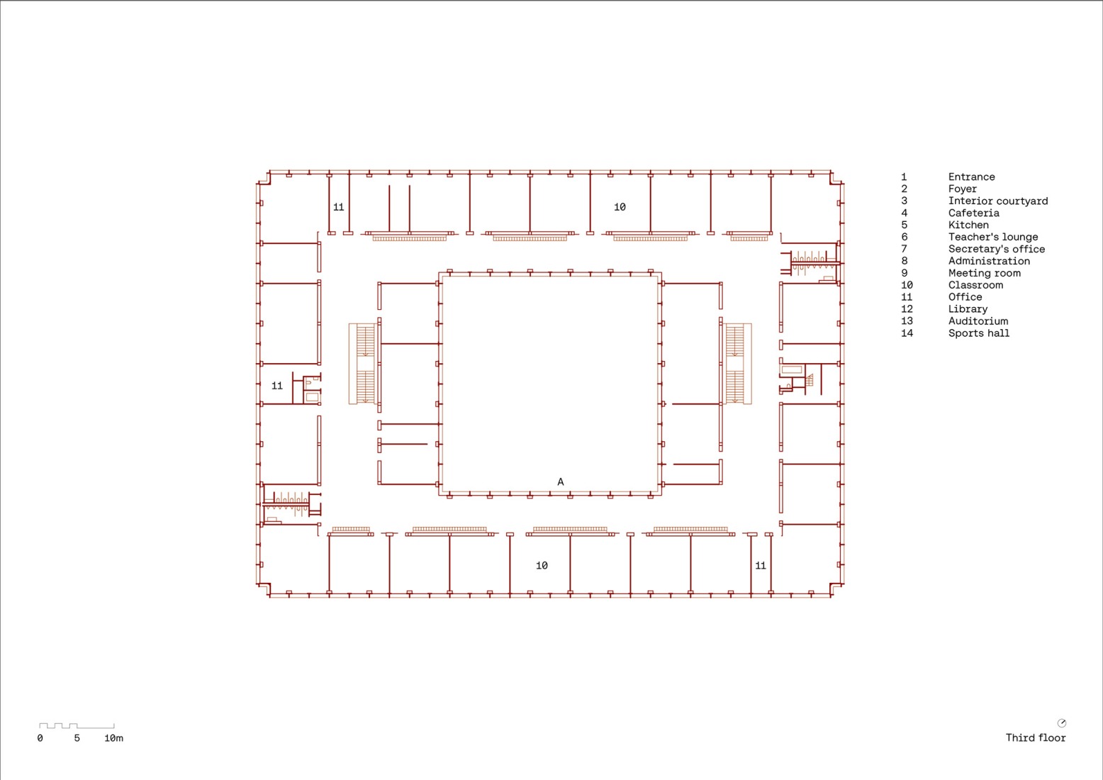 Second floor plan. Vertical extension and renovation of Collège Rousseau by Burckhardt Architecture.