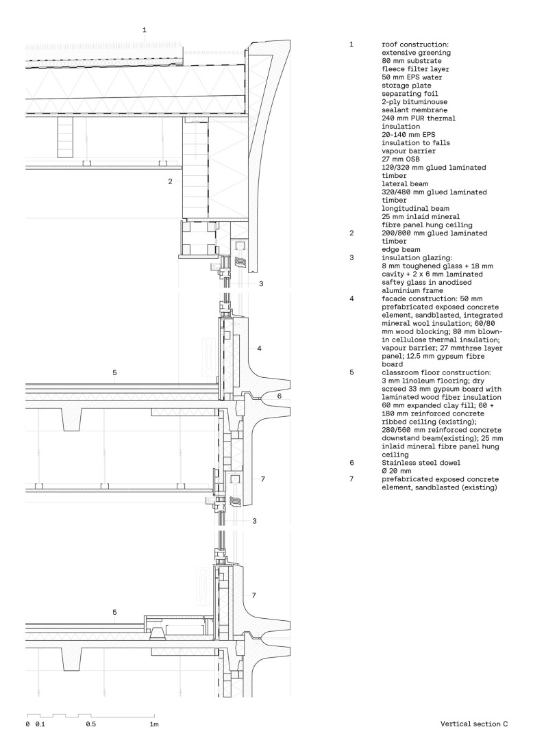 Construction detail. Vertical extension and renovation of Collège Rousseau by Burckhardt Architecture.