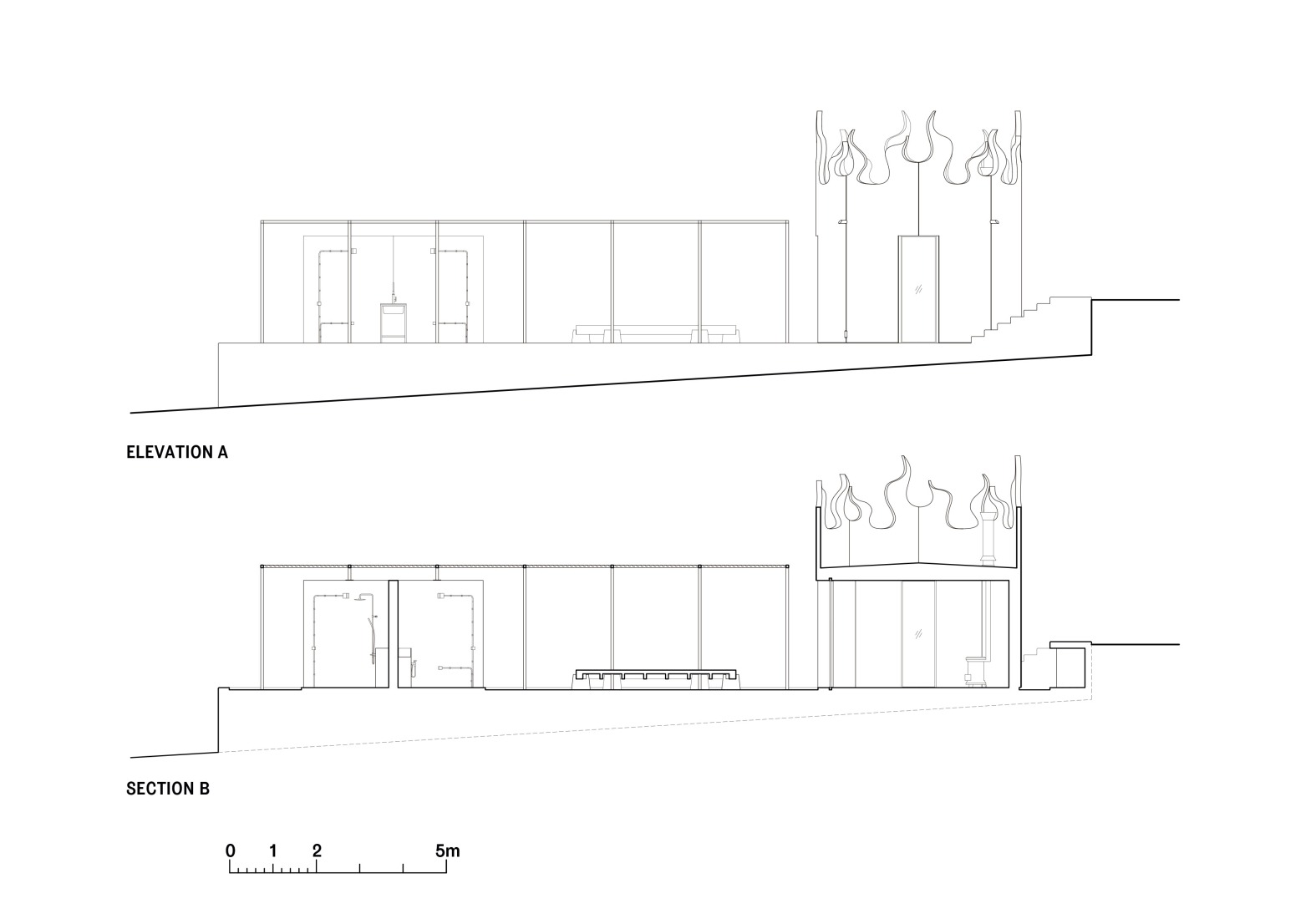 Section and elevation. House with no skin by Bureau des Mésarchitectures.
