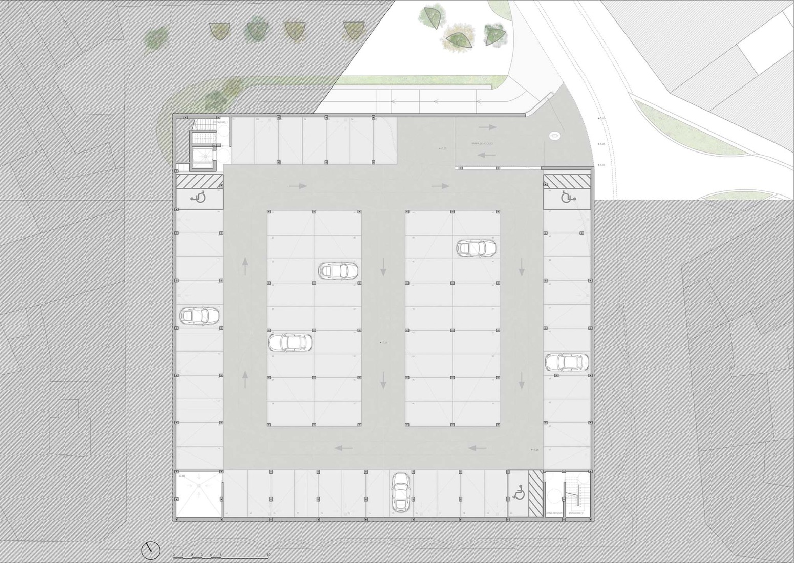 Plano de planta de sótano. Casa de la juventud por DUNAR arquitectos + Felipe Retuerto.
