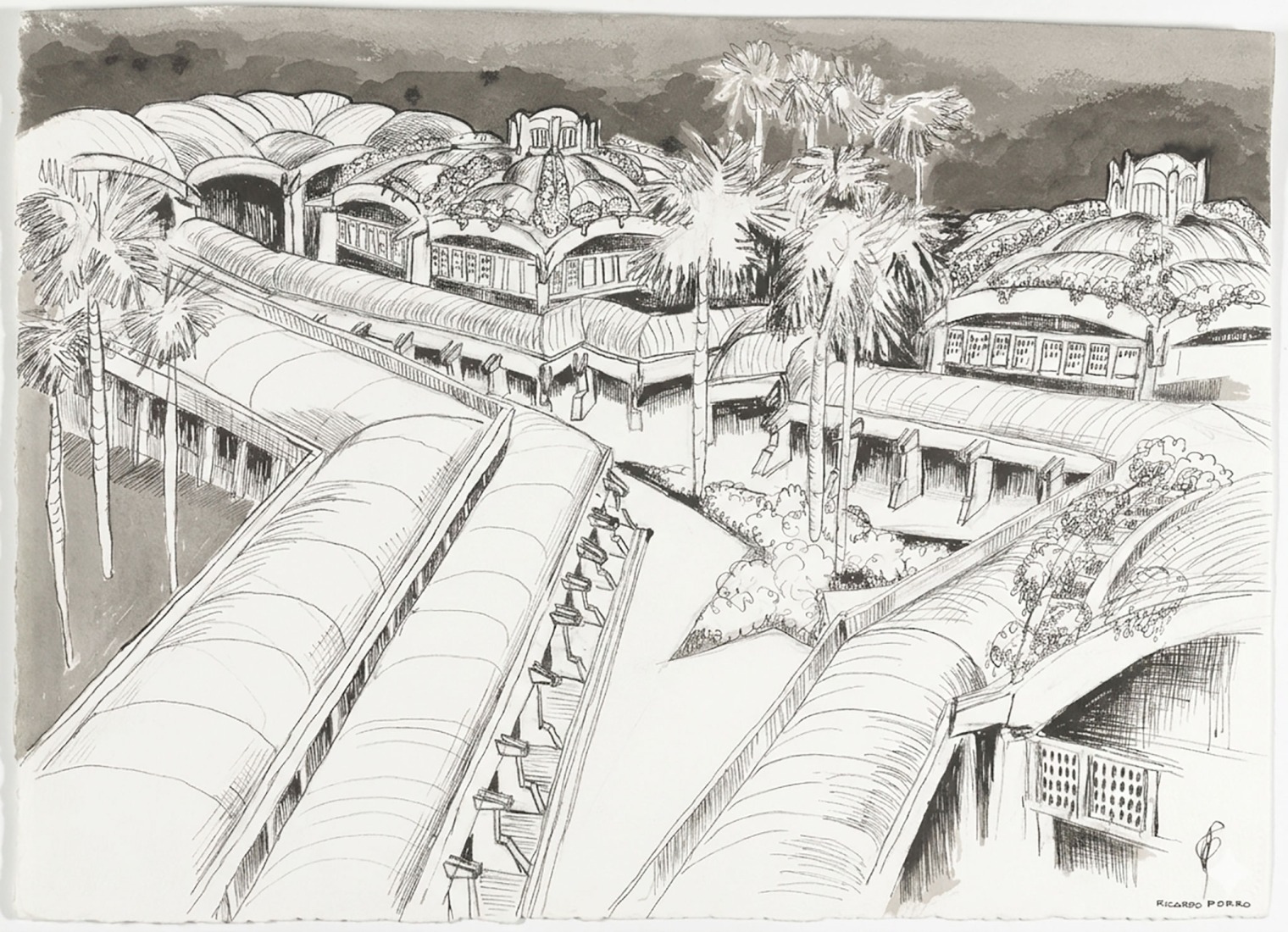 Dibujo de la Escuela de Danza Moderna por Ricardo Porro, 1965. Tomado de Porro, Ricardo. MoMA [perfil de artista en línea]. The Museum of Modern Art, s. f.(Accedido el 26 de noviembre de 2025: https://www.moma.org/artists/41148-ricardo-porro#publication).