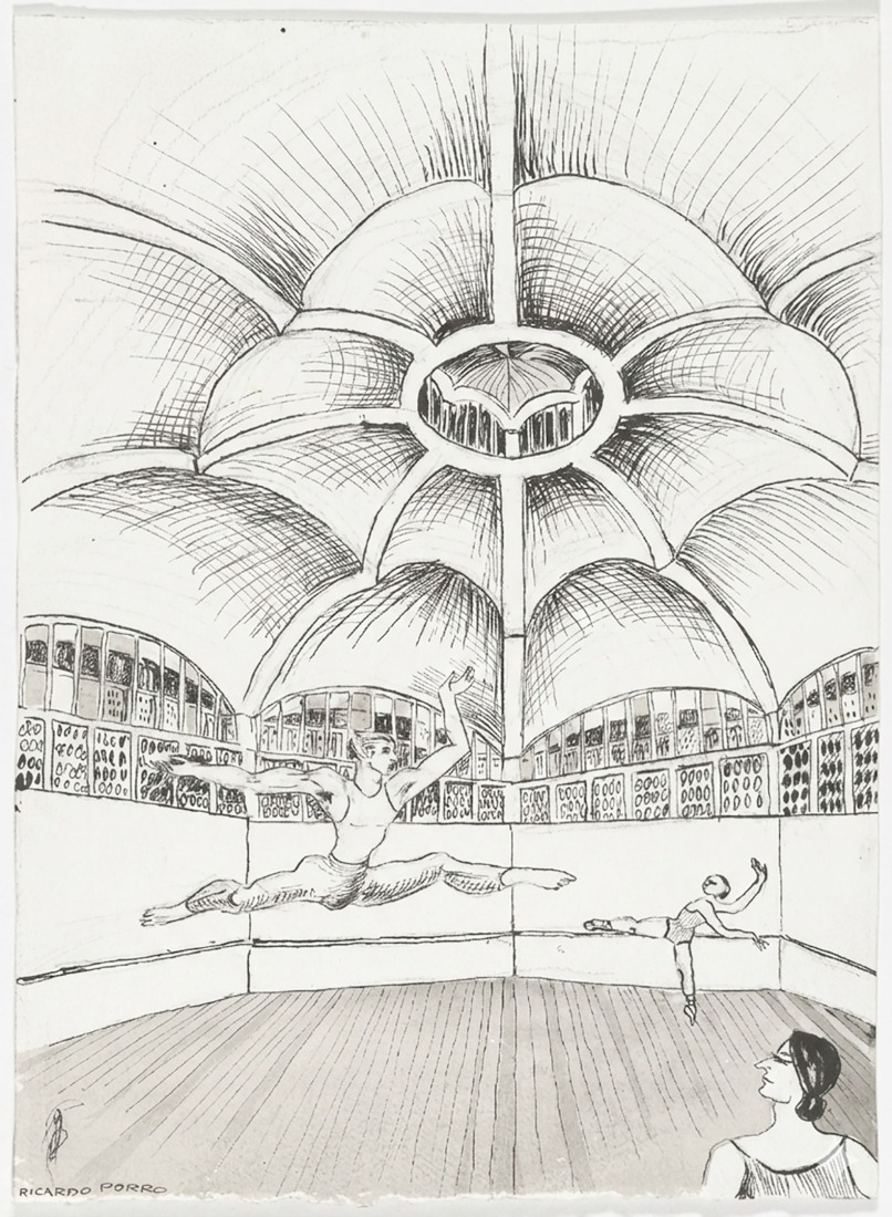 Dibujo del interior de los salones de danza por Ricardo Porro, 1965. Tomado de Porro, Ricardo. MoMA [perfil de artista en línea]. The Museum of Modern Art, s. f.(Accedido el 26 de noviembre de 2025: https://www.moma.org/artists/41148-ricardo-porro#publication).