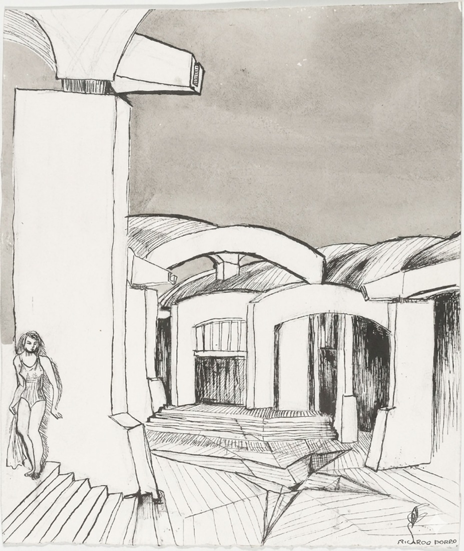 Dibujo del patio interior de la Escuela de Danza Moderna por Ricardo Porro, 1965. Tomado de Porro, Ricardo. MoMA [perfil de artista en línea]. The Museum of Modern Art, s. f.(Accedido el 26 de noviembre de 2025: https://www.moma.org/artists/41148-ricardo-porro#publication).