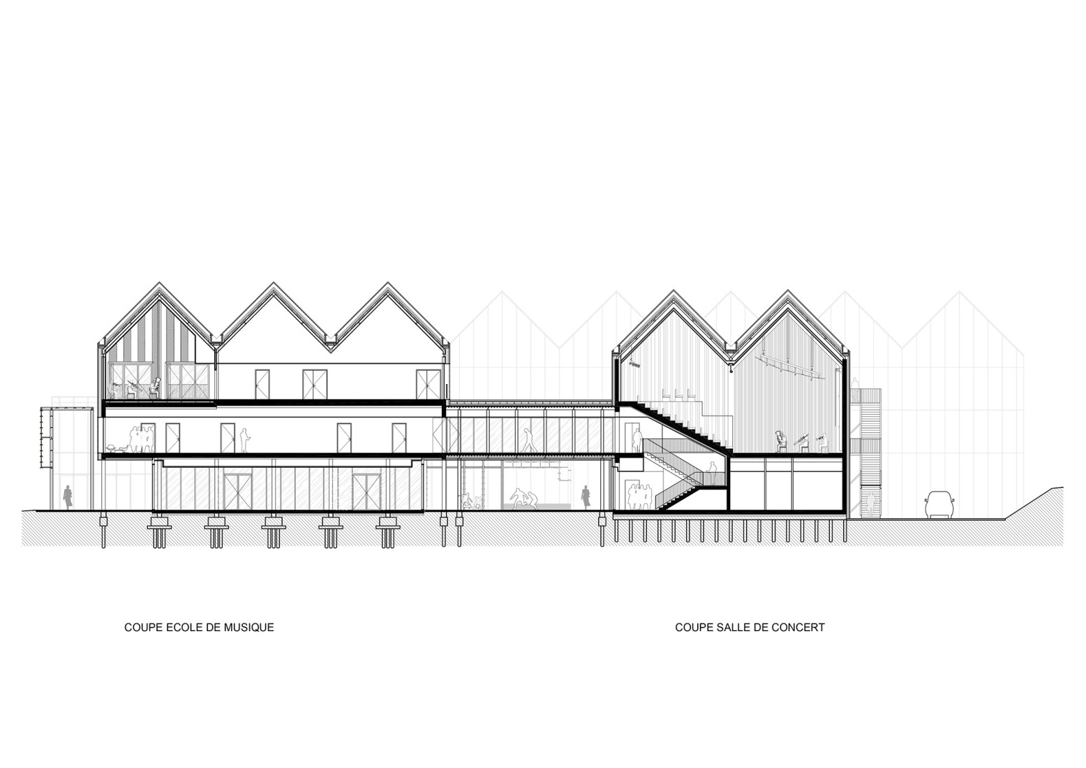 Sección de la sala de conciertos. Centro Cultural «La Tuilerie» por Ferrier Marchetti Studio.
