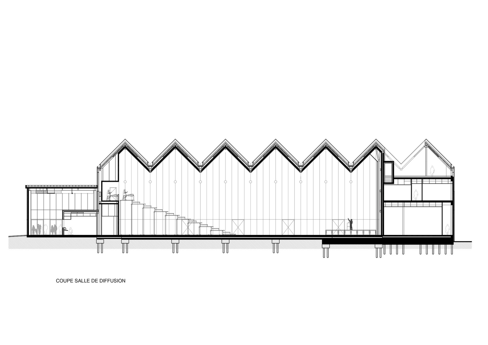 Sección de la sala de transmisión. Centro Cultural «La Tuilerie» por Ferrier Marchetti Studio.