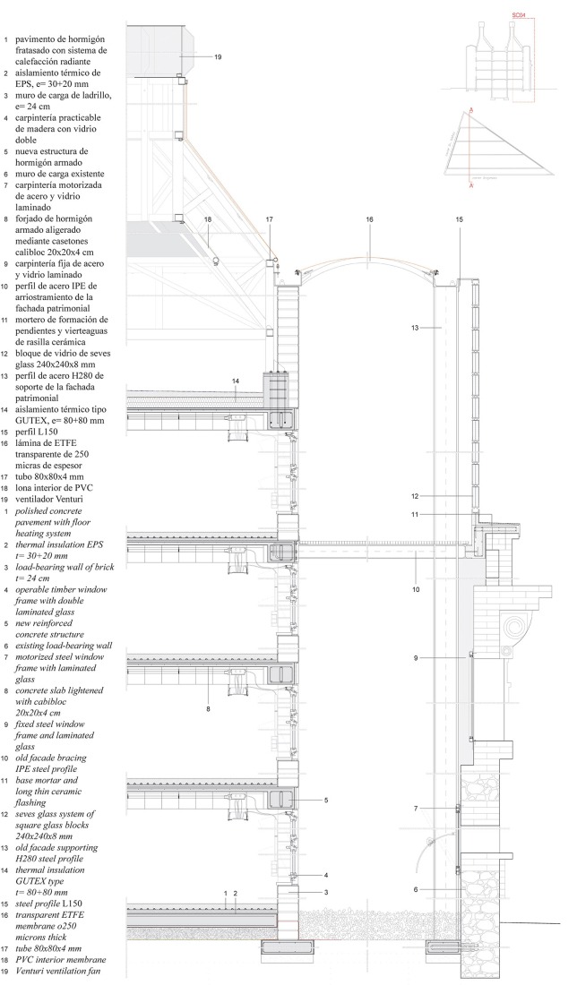 Detailed section of the facade. Cristalleries Planell Civic Center by H Arquitectes.