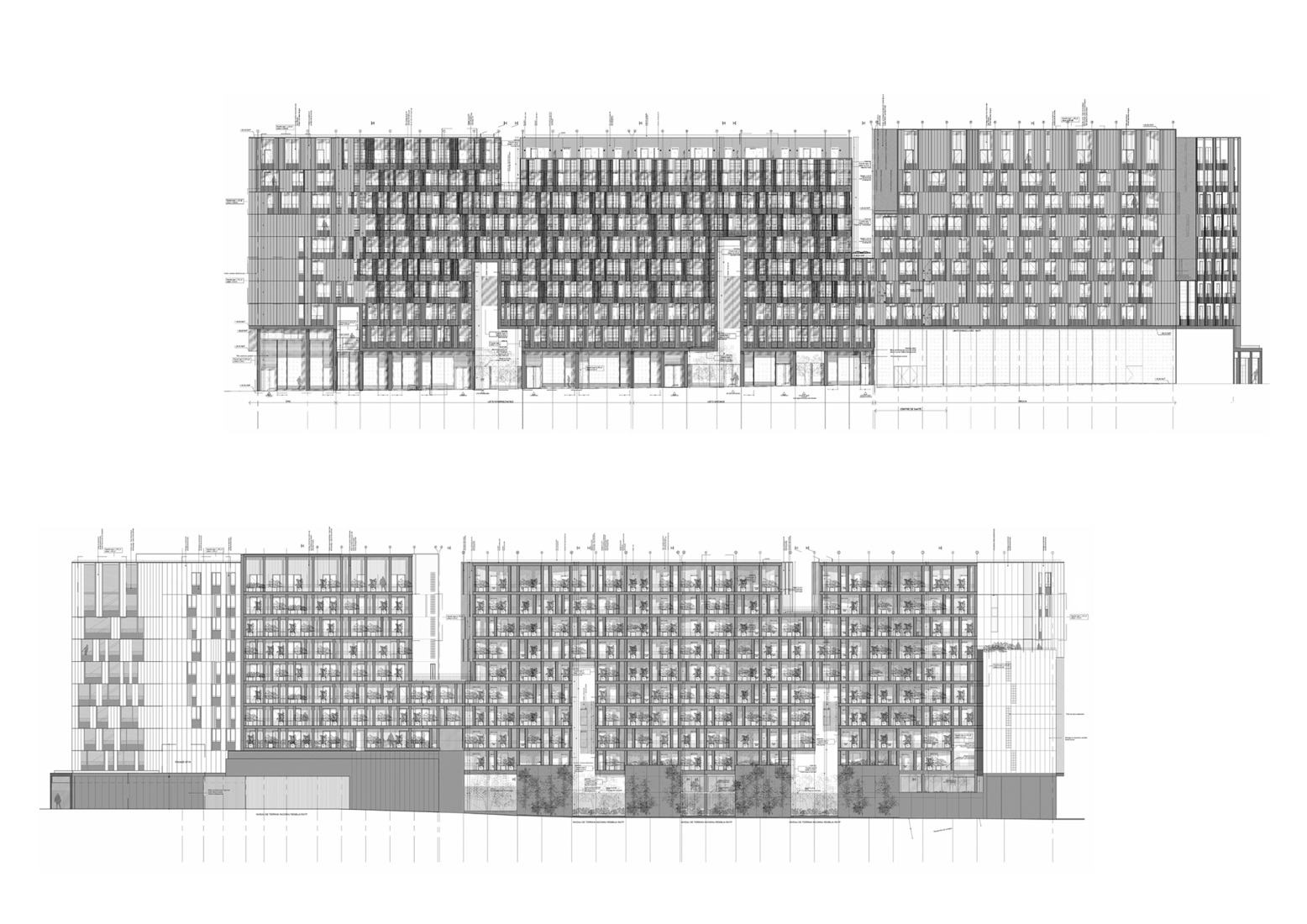 Street facade - Avenue de la Porte de Clichy / Garden facade - Courtyard of the Honoré de Balzac Institute. La Métropolitaine by Ignacio Prego Architectures + Thibaud Babled Architectures.