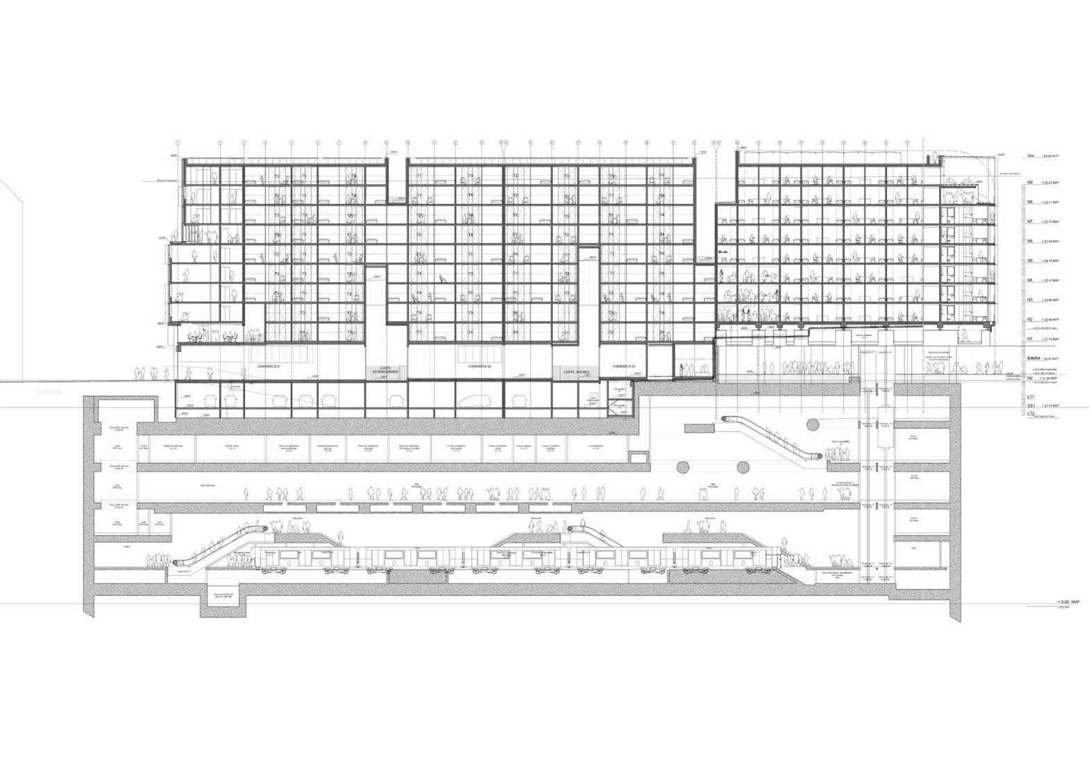 Longitudinal section of the project and the underlying metro station. La Métropolitaine by Ignacio Prego Architectures + Thibaud Babled Architectures.