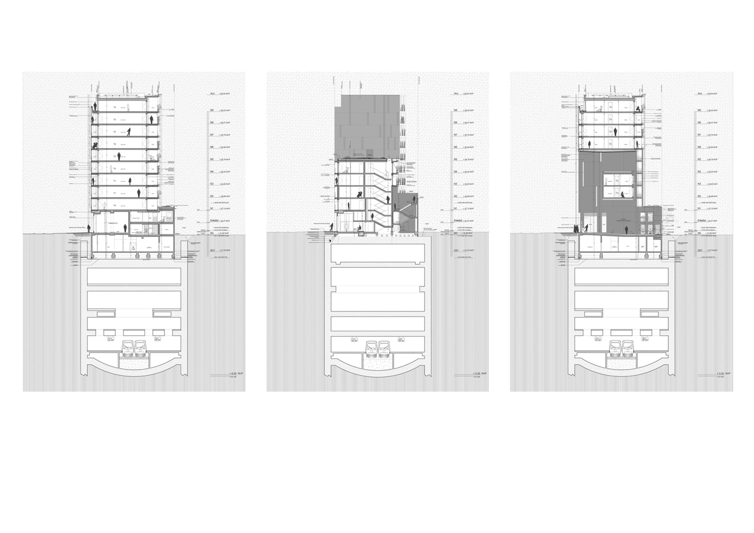 Cross sections of the project and the underlying metro station. La Métropolitaine by Ignacio Prego Architectures + Thibaud Babled Architectures.