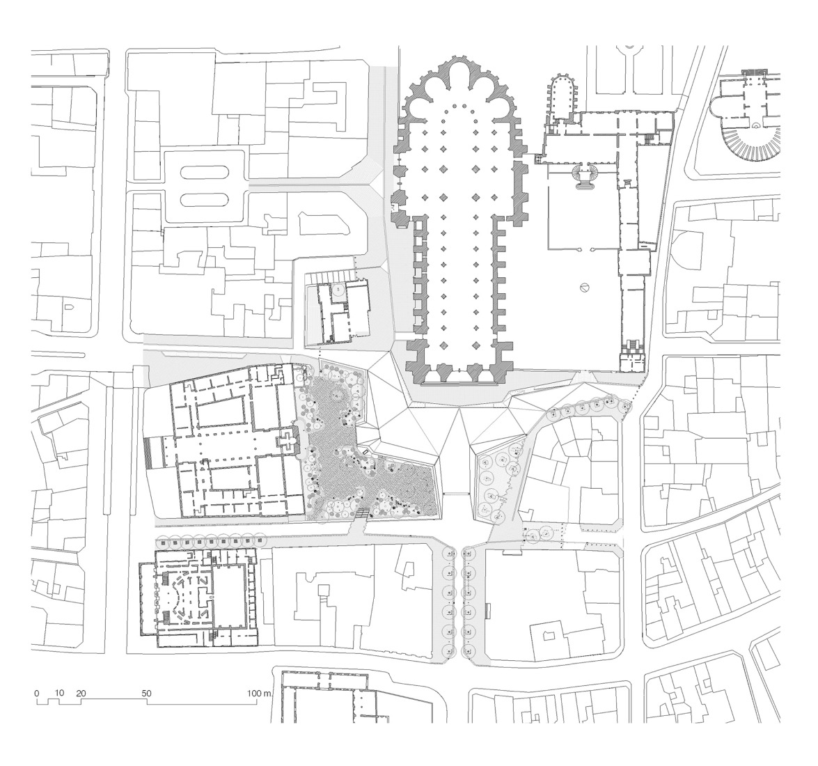 Plano de planta y situación. Entorno de la Catedral de Reims por José Ignacio Linazasoro. 