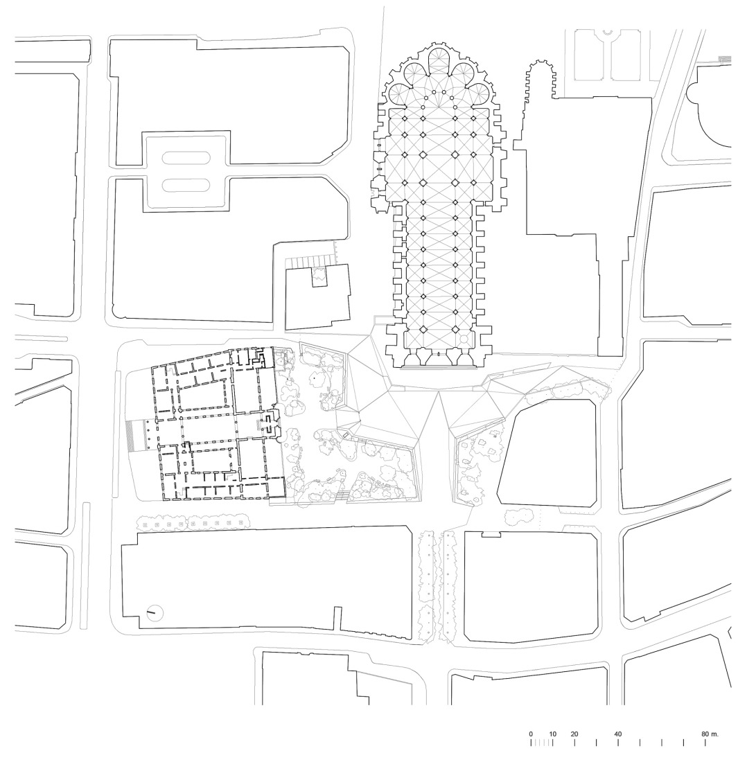 Plano de planta y situación. Entorno de la Catedral de Reims por José Ignacio Linazasoro. 