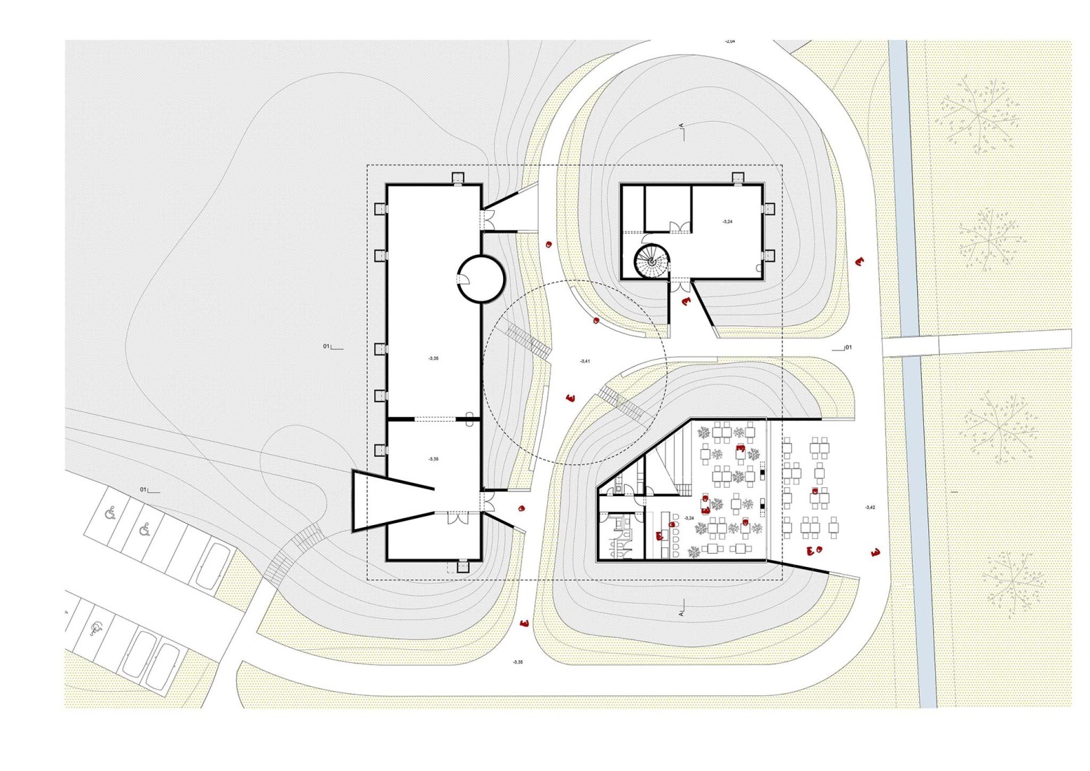 Plano de planta de sótano. Edificio de producción y oficinas por MVA.