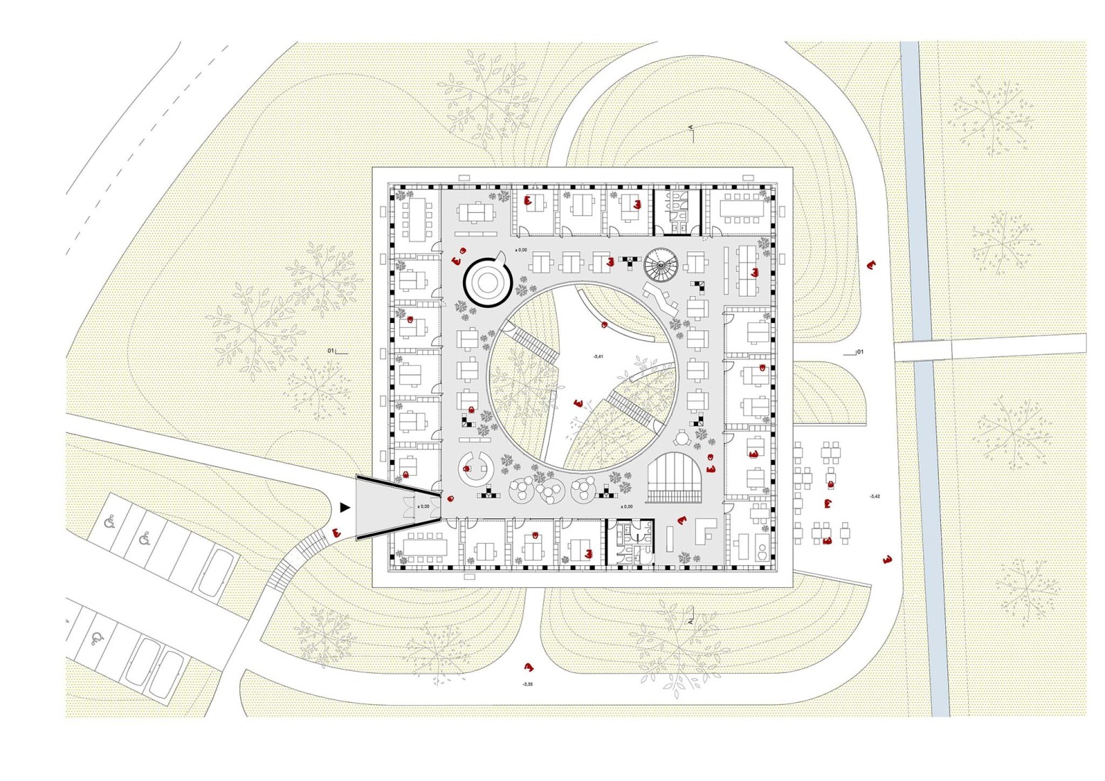 Plano de planta baja. Edificio de producción y oficinas por MVA.