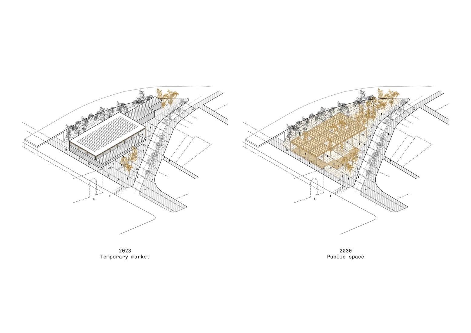 Axonometría. Mercado Provisional de Horta, por Ravetllat Arquitectura + Carles Enrich Studio.