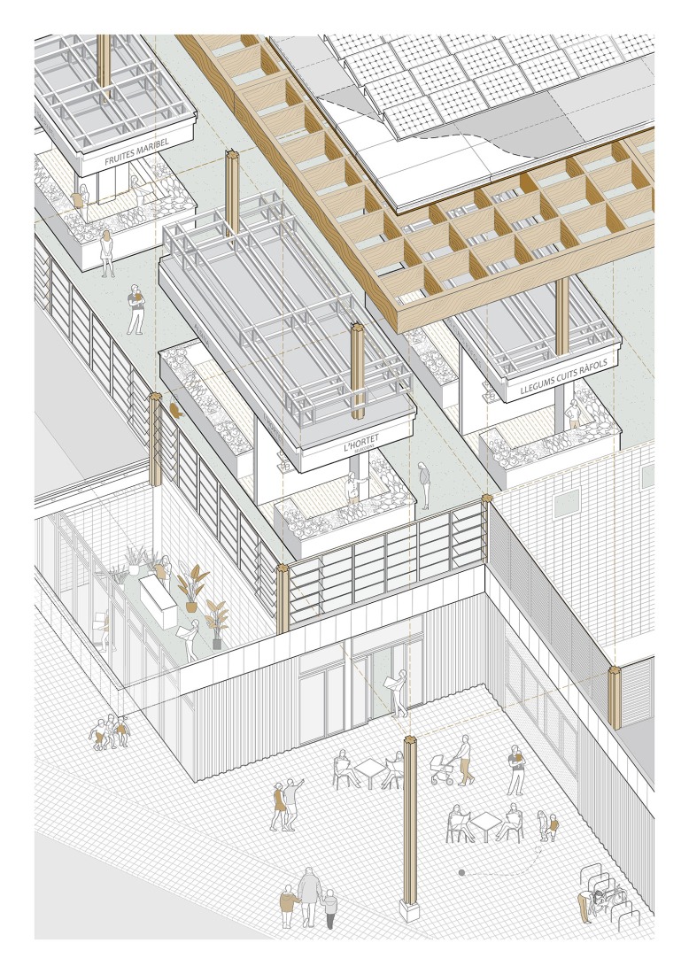 Axonometría. Mercado Provisional de Horta, por Ravetllat Arquitectura + Carles Enrich Studio.