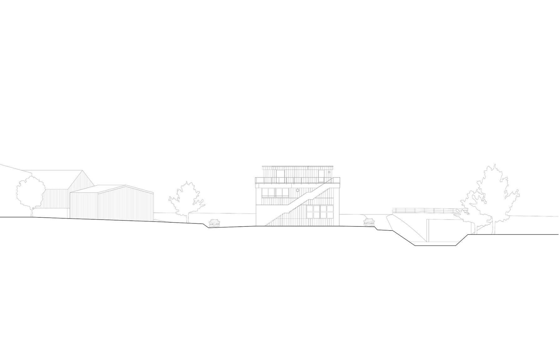 Alzado Este. Edificio de uso mixto en Forel por Samir Alaoui Architects Sàrl.