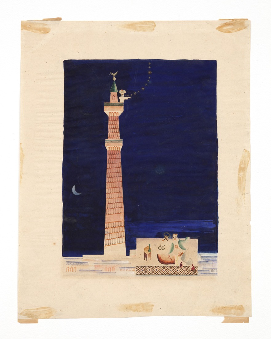 Hans Felix Kraus, Muecín cantando en el minarete de Argel, ilustración para El tartarín de Tarascón de Alphonse Daudet, 1933/34, acuarela sobre papel, Museo Judío, Nueva York.