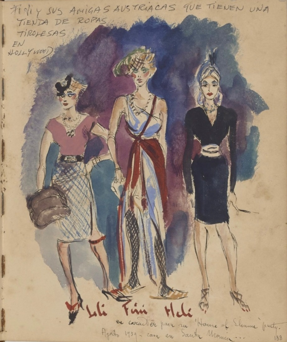 Moda humorística diseñada por Fini Rudiger, que la muestra a ella y a sus amigos austriacos en «tradicionales trajes tiroleses», agosto de 1939, etiquetado en español: Lili – Fini – Hedi, Fini y sus amigas austriacas que tienen una tienda de ropas tirolesas en Hollywood, en carácter para su fiesta «Home of Shame», agosto de 1939, casa en Santa Mónica…, gouache con dibujo a tinta, Littlejohn Family Archive.