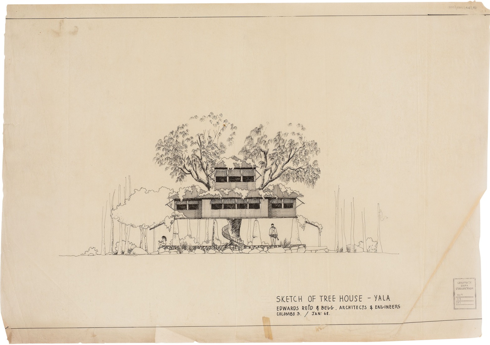 Elevation, tree house scheme, Yala Bungalows, 1968. Courtesy by Geoffrey Bawa and Lunuganga Trusts, all rights reserved.