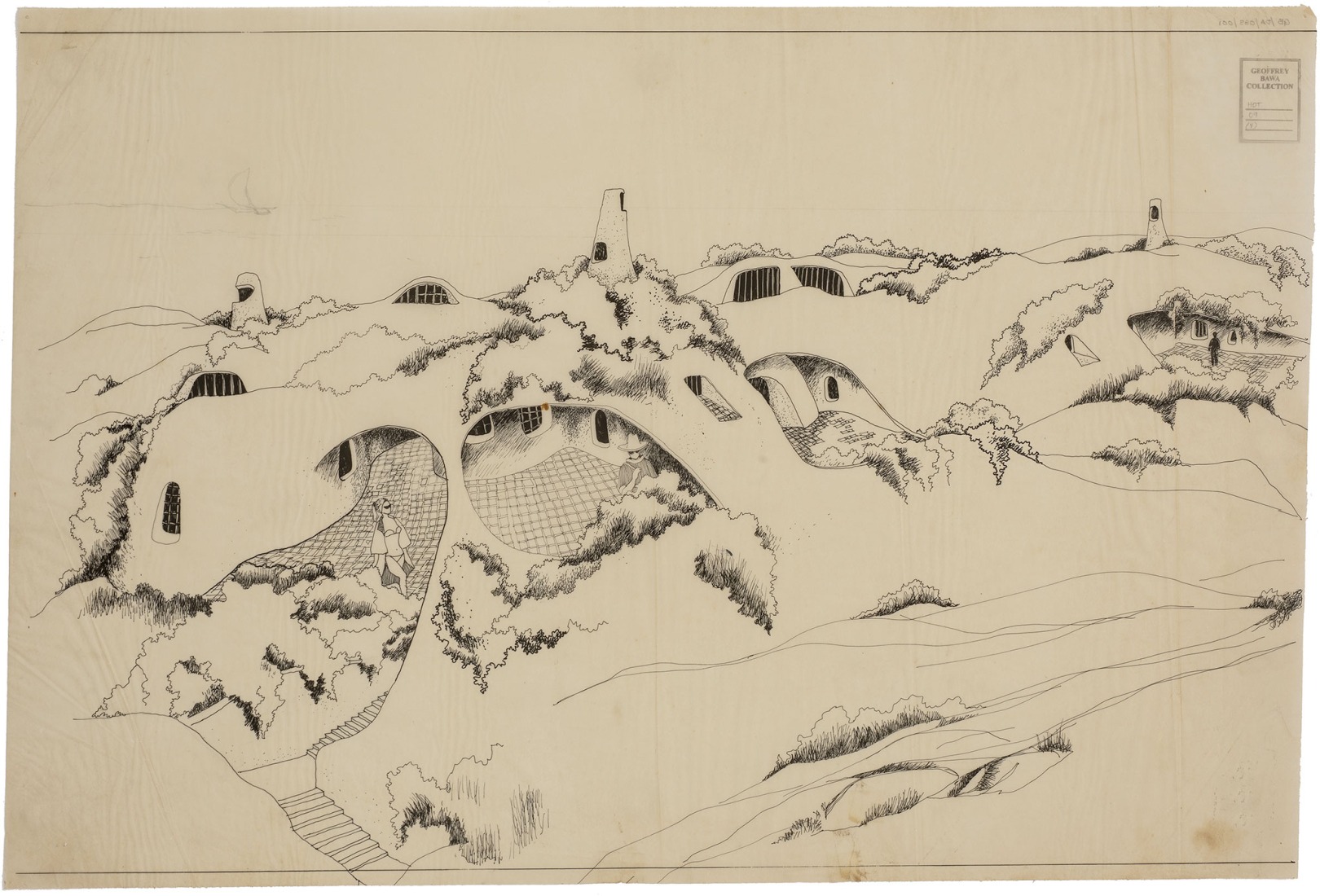 Nihal Amarasinghe (attributed), perspectival drawing, Yala Sand Dune House, ink on tracing paper, 1968. Courtesy by Geoffrey Bawa and Lunuganga Trusts, all rights reserved.